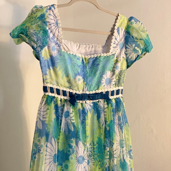 Vintage 1960’s Floral Teal Blue Chiffon Maxi Dress - Picture 12 of 13